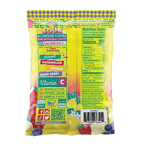 AriZona Sour Lemonade Fruit Snacks - NEW - Gluten Free Snacks ,5 Ounce Individual Bags (Pack of 12)