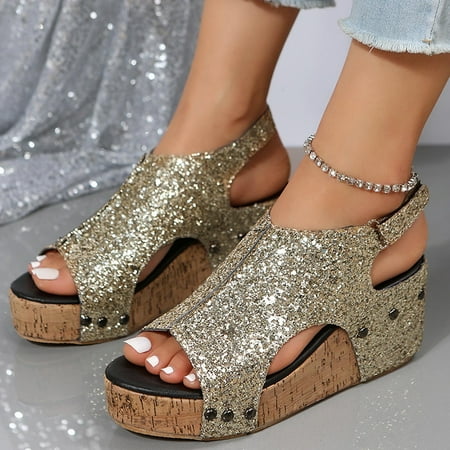 

Hvyesh Platform Sandals for Women Dressy Summer Slope Heel Shoes Thick Sole Retro Fish Mouth Slippers Sequin Sandals Size 6