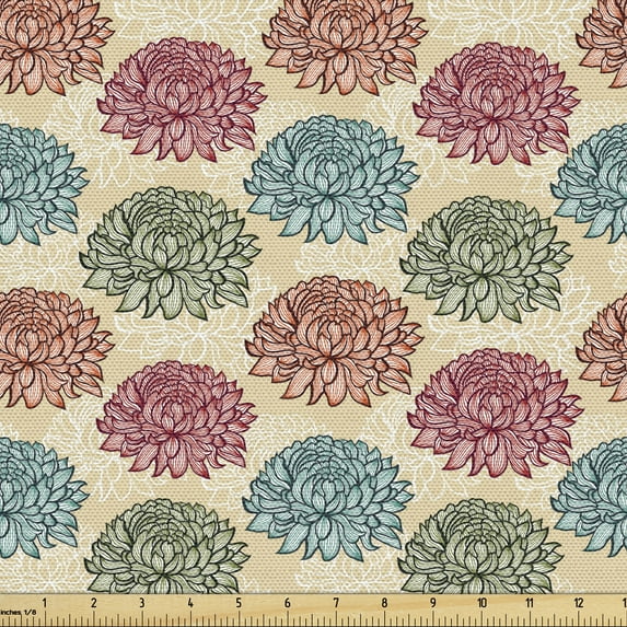 Vintage Fabric by the Yard, Illustration of Continuous Hand Drawn Chrysanthemum Flowers Nostalgia, Decorative Upholstery Fabric for Sofas and Home Accents, 2 Yards, Beige and Multicolor by Ambesonne