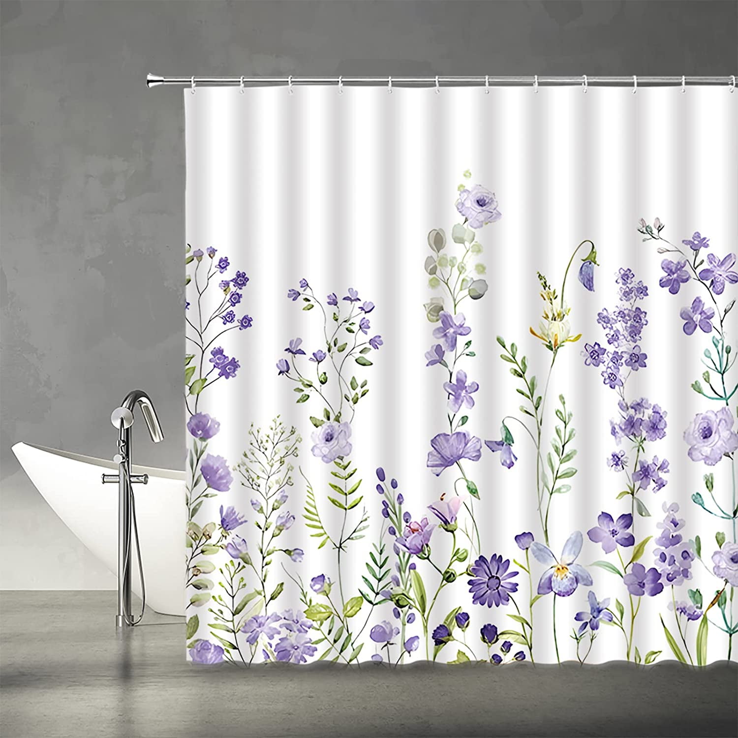 Purple Watercolor Floral Shower Curtain Lavender Flower Spring Blossom Plant Lilac Wisteria White Home Decor Fabric Bathroom Curtain Set with Hooks（84" Wx70 H）