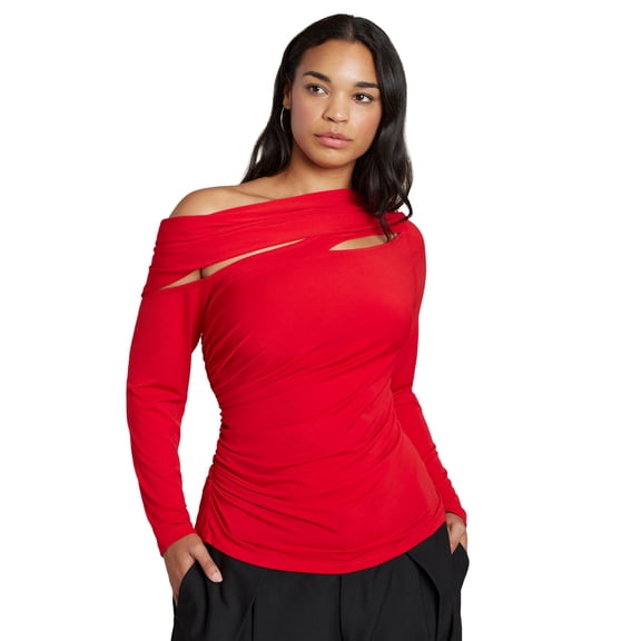 ELOQUII Women's Plus Size Sliced Asym Neck Top