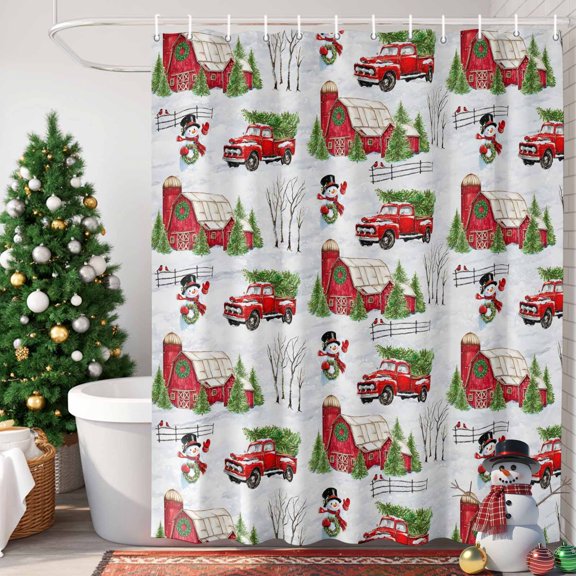 Christmas Snowman Shower Curtain, 36" x 72", Winter Truck Tree Red Barn Snowflake Waterproof Bathroom Curtain Washable Shower Curtain Set with 12 Hooks
