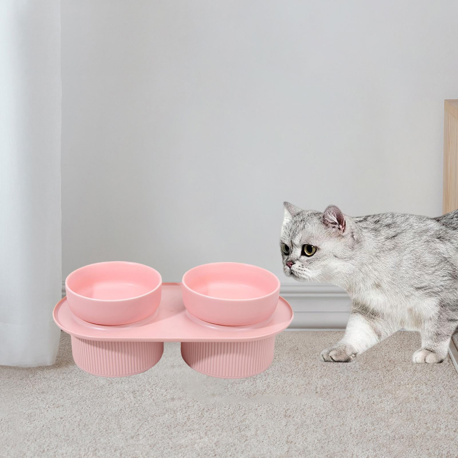 FITYLE Double Ceramic Cat Feeding Bowls Cat Bowls Puppy Bowls Ceramic Tall Cat Dishes Water Food Bowl for Medium Dog Indoor Cats Pet Pink