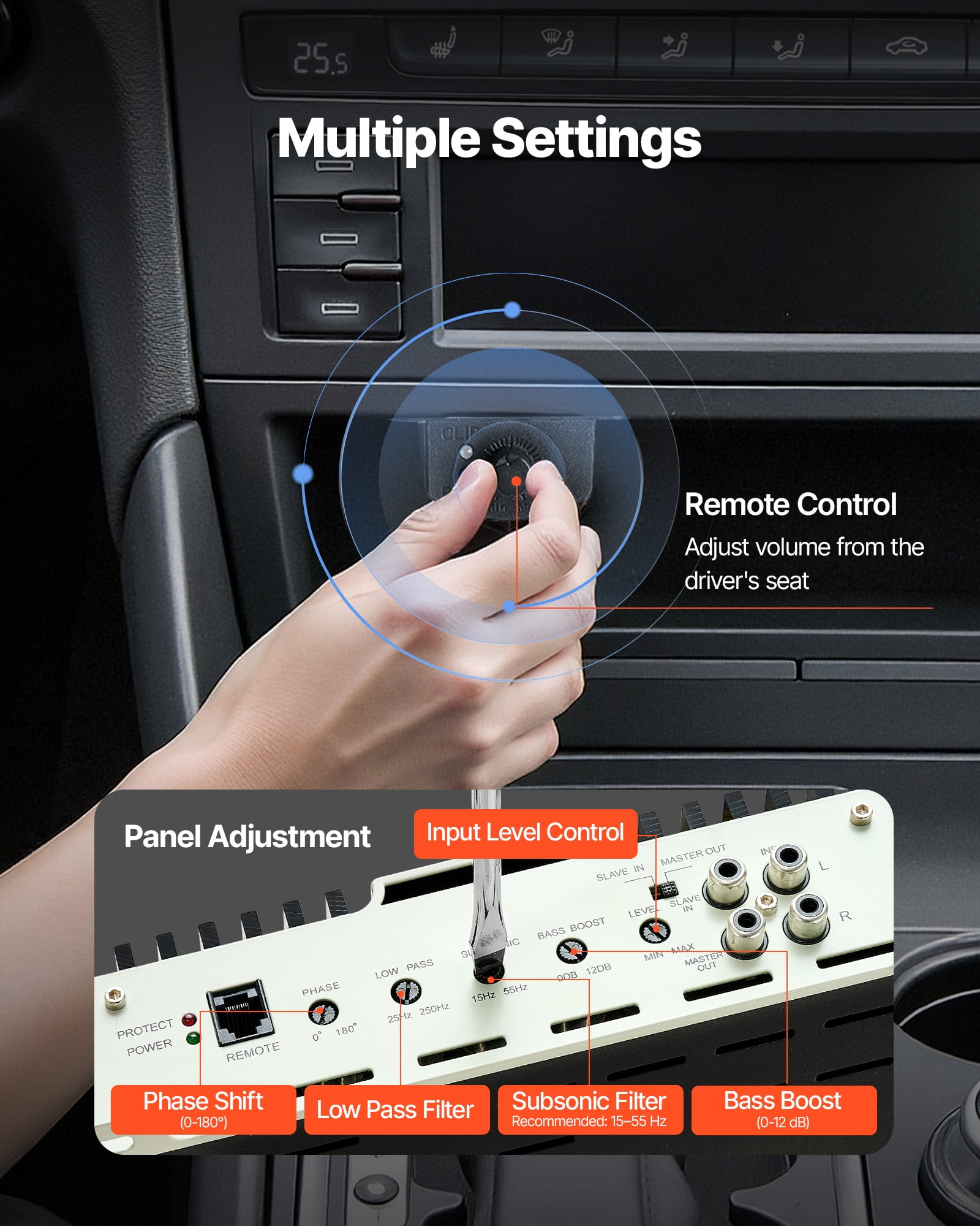 VEVOR Monoblock Car Amplifier, 400W RMS MAX, 1/2/4 Ohm Stable, 1-Channel Class D Car Audio Amplifier with Remote Subwoofer Level Control, Low Pass Filter, Bass Boost & Phase Shift, Volume Controller