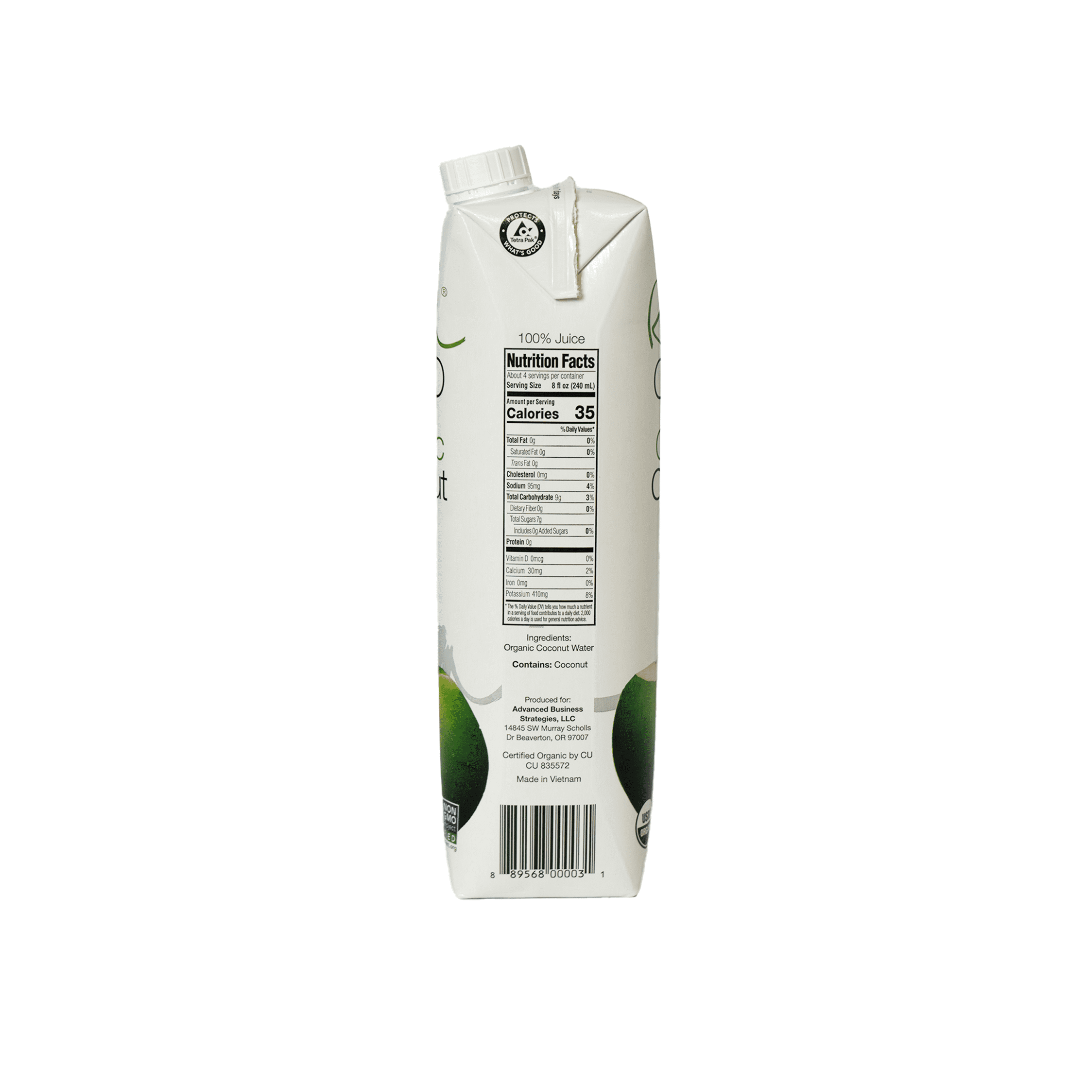 Real Coco Organic Coconut Water, 33.8 oz, Pure, Liquid, NON GMO, Shelf Stable, Cardboard Bottle, New