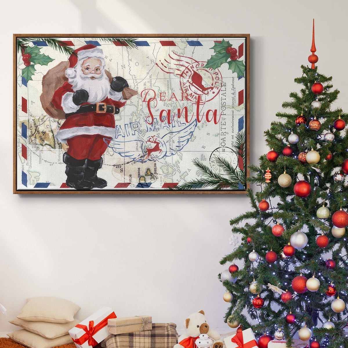 Christmas Par Avion Collection A - Framed Gallery Wrapped Holiday Canvas - 17 x 25 - Rosewood Frame