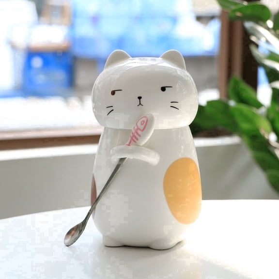 EPFamily 14 oz Cute Calico Cat Ceramic Mug with Lid and Spoon – Kawaii Coffee Cup for Women Girls, Tea Tumbler, Birthday Gift,Kitchen