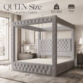 thumbnail image 3 of Amerlife Canopy Bed Frame Queen Size with 74.8" Tall Four-Post Design, Modern Deep-Tufted Velvet Upholstered Headboard with Charging Station, Grey, 3 of 10