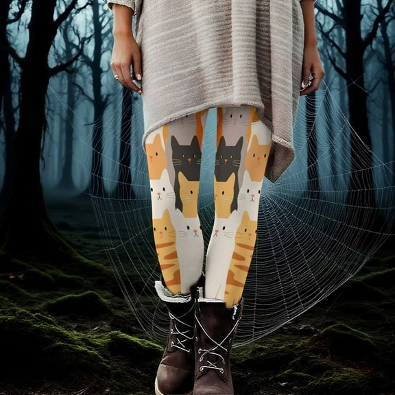 Kilaqueen Stretchy Comfy Womens Workout Pants Trendy Cat Pattern Halloween Leggings for Women Tummy Control Athletic Pants Warm Plus Size Leggings