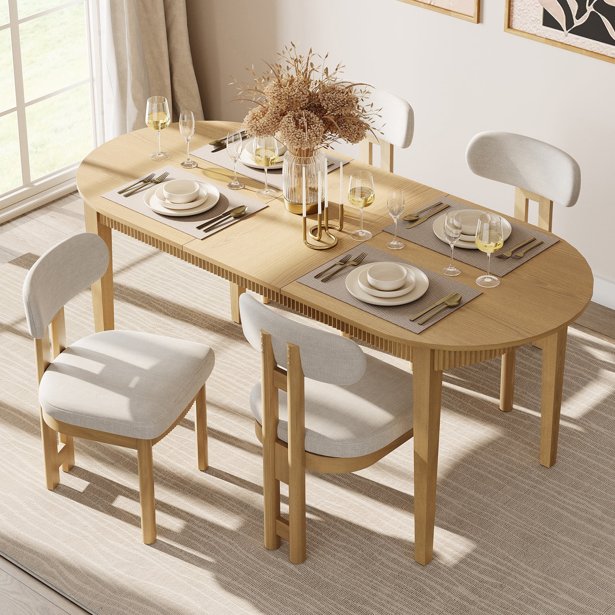 Mid-Century Modern Dining Chairs Set of 4,Polyester Linen Fabric Kitchen Chairs with Solid Wood Legs and Fluted Apron, Armless Side Chairs with Curved Backrest For Dining Room, Living Room