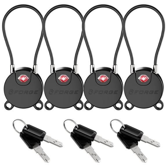 Forge TSA Approved Key Luggage Locks, Black, 4 Pack. TSA006 Key.
