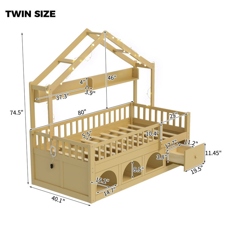 Twin Size Kids Montessori Floor Bed Frame with Guardrail & Drawer, Children House Platform Bed with LED Light & Small Cat Bed