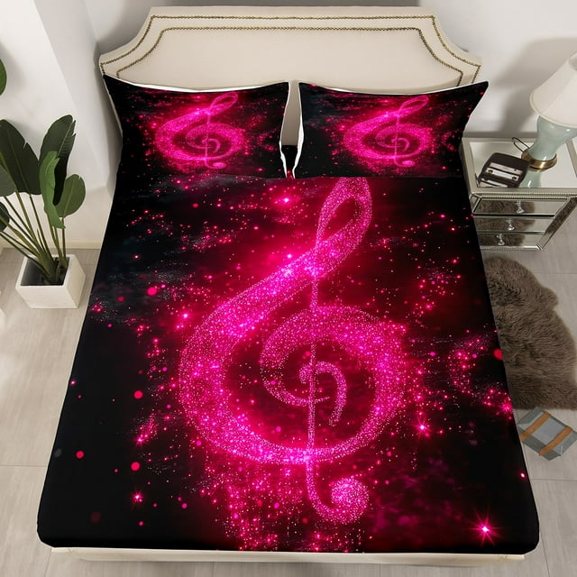 Drap-housse Note Musicale Taille Grand, Imprimé Sequins Rose Étoilé (Pas Réel) Housse de Lit Chic (1 Drap-Housse + 1 Taie d'Oreiller), Thème Musical Romantique Pailleté