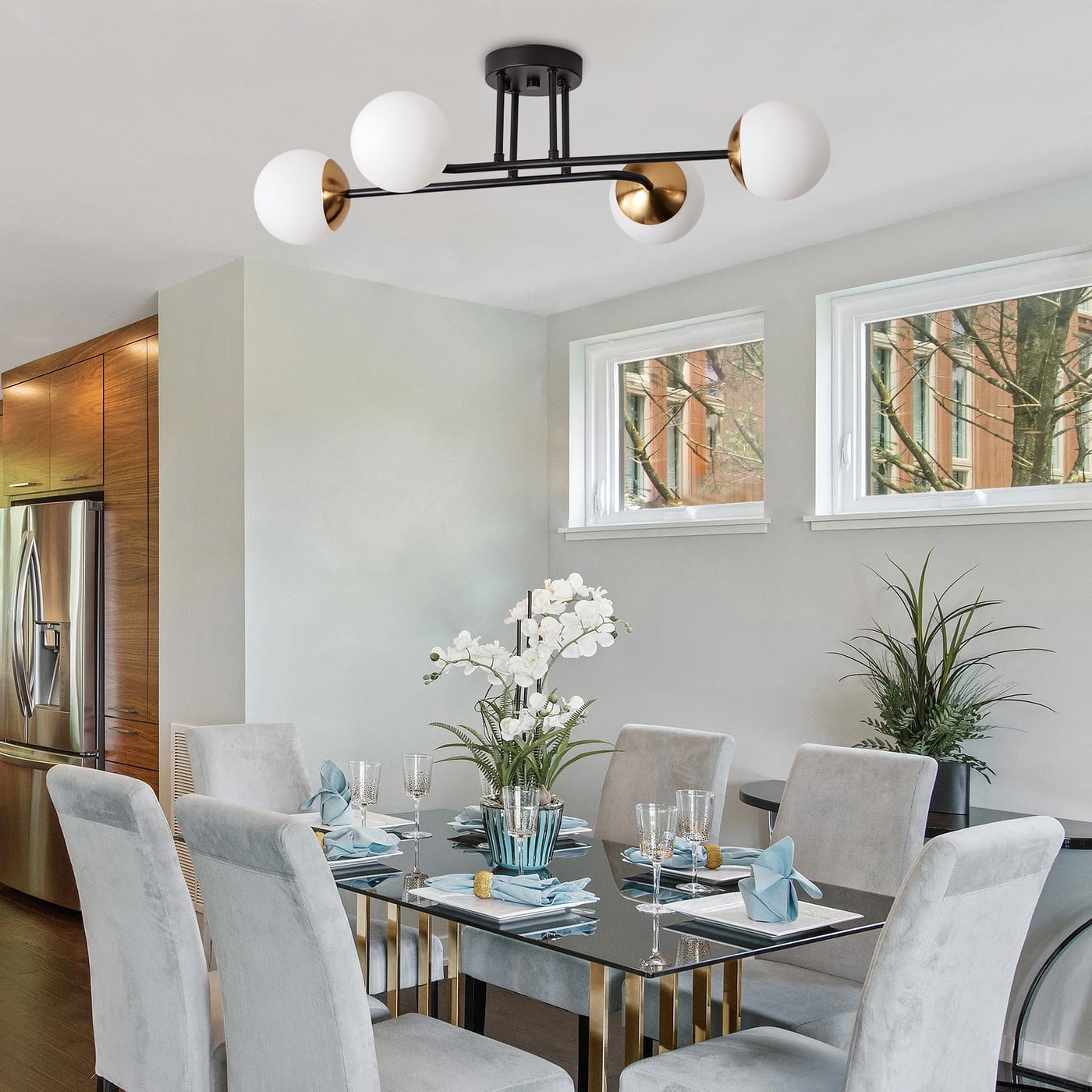 Aiwen Contemporary 4 Lights Semi Flush Mount Ceiling Lamp With Glass Opal Shade