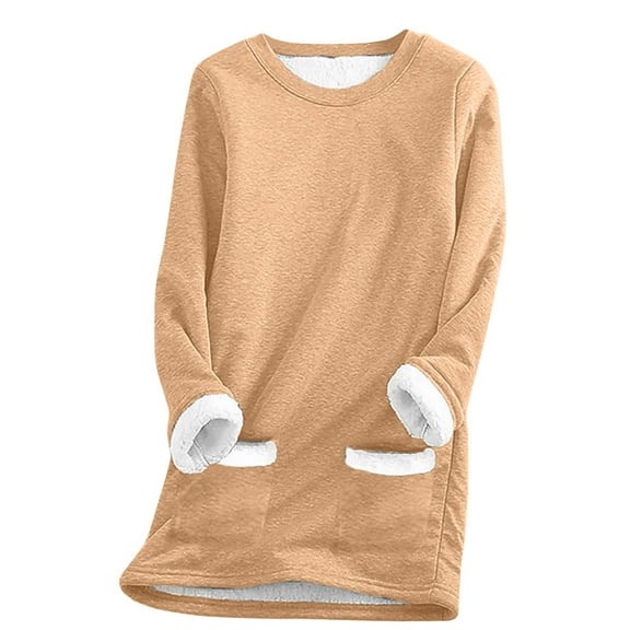 Fmbrln Womens Sherpa Lined Fleece Crewneck Sport Sweatshirt, Winter Warm Pullover Loungewear Long Sleeve Tunic Tops with Pockets,