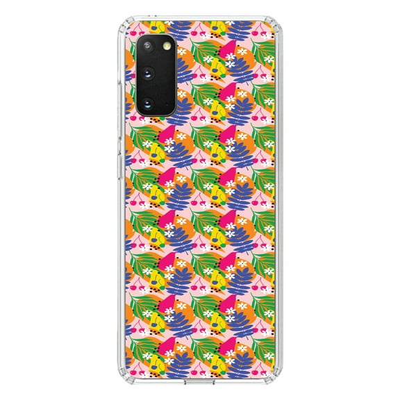 DistinctInk Clear Shockproof Hybrid Case for Galaxy S20 ULTRA / 5G (6.9" Screen) - TPU Bumper, Acrylic Back, Tempered Glass Screen Protector - Summer Vibes Floral Pattern Blue Orange Pink