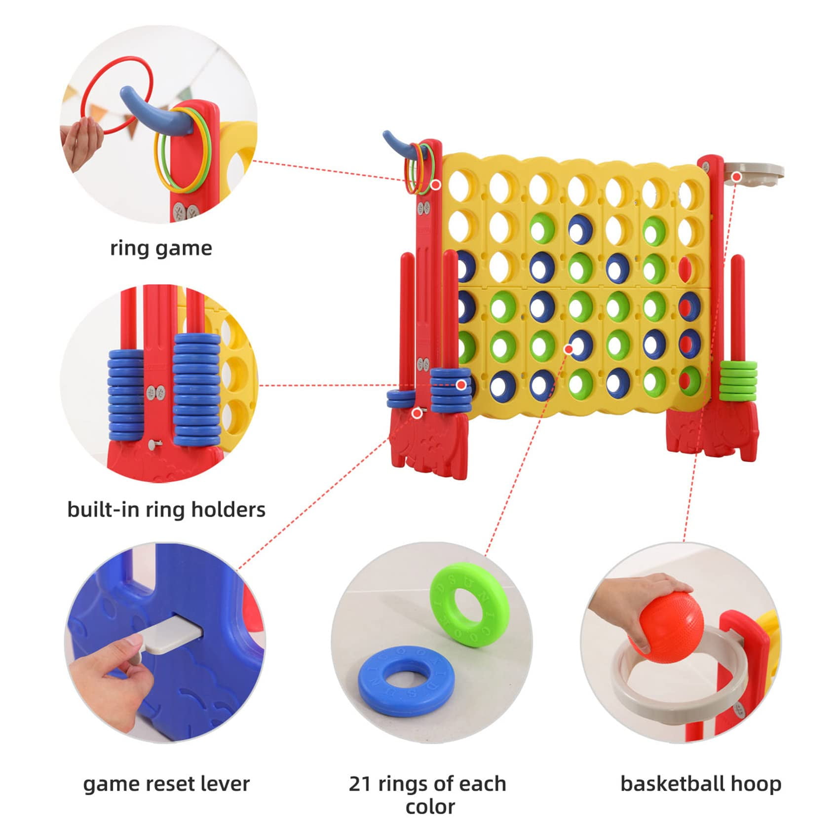 UNICOO® 3-in-1 Giant 4 in a Row Game for Outdoor & Indoor Fun! Featuring Basketball Hoop, Ring Toss Game & 4-to-Score Game. Perfect for Kids, Adults & Parties with Carrying Bag (Yellow + Red)