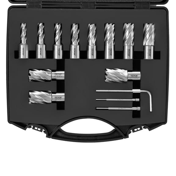 VEVOR Annular Cutter Set, 13 pcs Weldon Shank Mag Drill Bits, 7/16" to 1-1/16" Cutting Diameter, 1" Cutting Depth, M2AL HSS, 2 Pilot Pins, Hex Wrench and Portable Case,for Using with Magnetic Drills