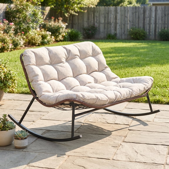 Deersky Papasan Rocking Chair, Outdoor Indoor Oversized Wicker Loveseat with Soft Cushion