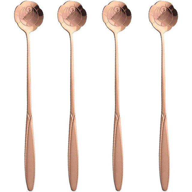 Cucharadita de mango largo de acero inoxidable, cuchara sopera, cuchara para helado de café, cuchara de postre portátil dura, juego de 4 oro rosa. JFHHH pequeña