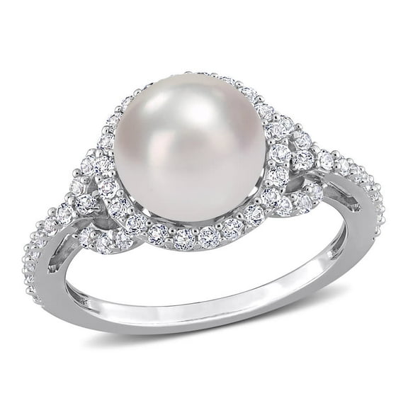 AMOUR 8.5-9mm Cultured Freshwater Pearl and 3/4 CT TGW White Topaz Halo Ring In Sterling Silver
