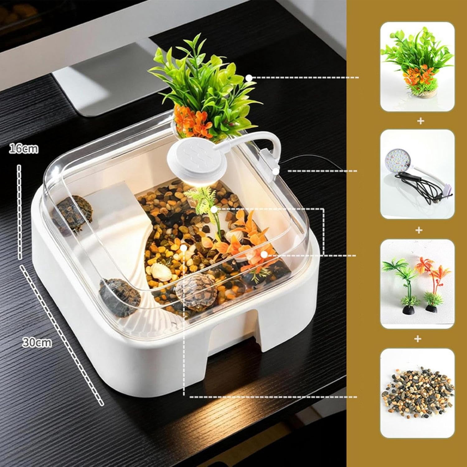 Tortoise Tank Set with Lighting, Artificial Plants, Stones, Raised Curved Design for Indoor