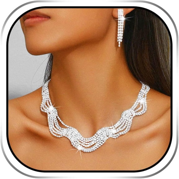Silver Bridal Wedding Jewelry Set Sparkly Rhinestone Necklace and Earrings Wedding Prom Earrings Jewelry for Women