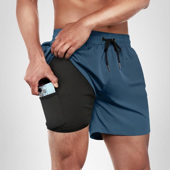 Mens Swim Trunks 5 inch with Compression Liner Swim Shorts Quick Dry Beach Shorts Zipper Pocket