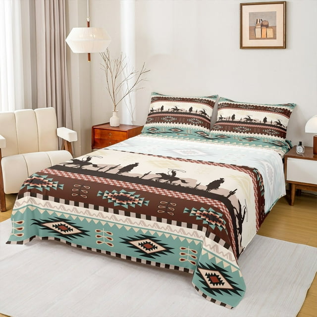 Manfei Draps Pleine Grandeur Rustiques Cowboy, Draps de Lit Aztèques Brun Sarcelle, Ensembles de Draps Rétro Bohémiens de Style Ferme, Décoration Intérieure Respirante 4 Pcs