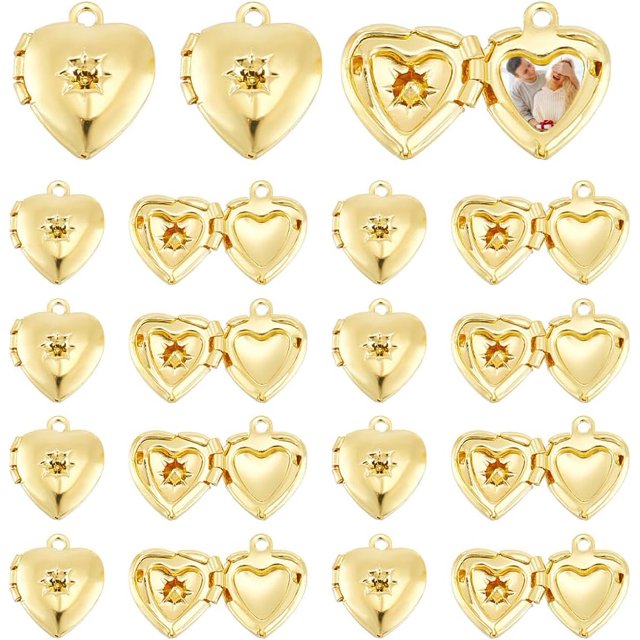 20Pcs Heart Photo Frame Charms Golden Picture Locket Charm Metal Locket Pendants Photo Memory Necklace Chain Bouquet Picture Charm for Women Men Wedding Jewelry Making