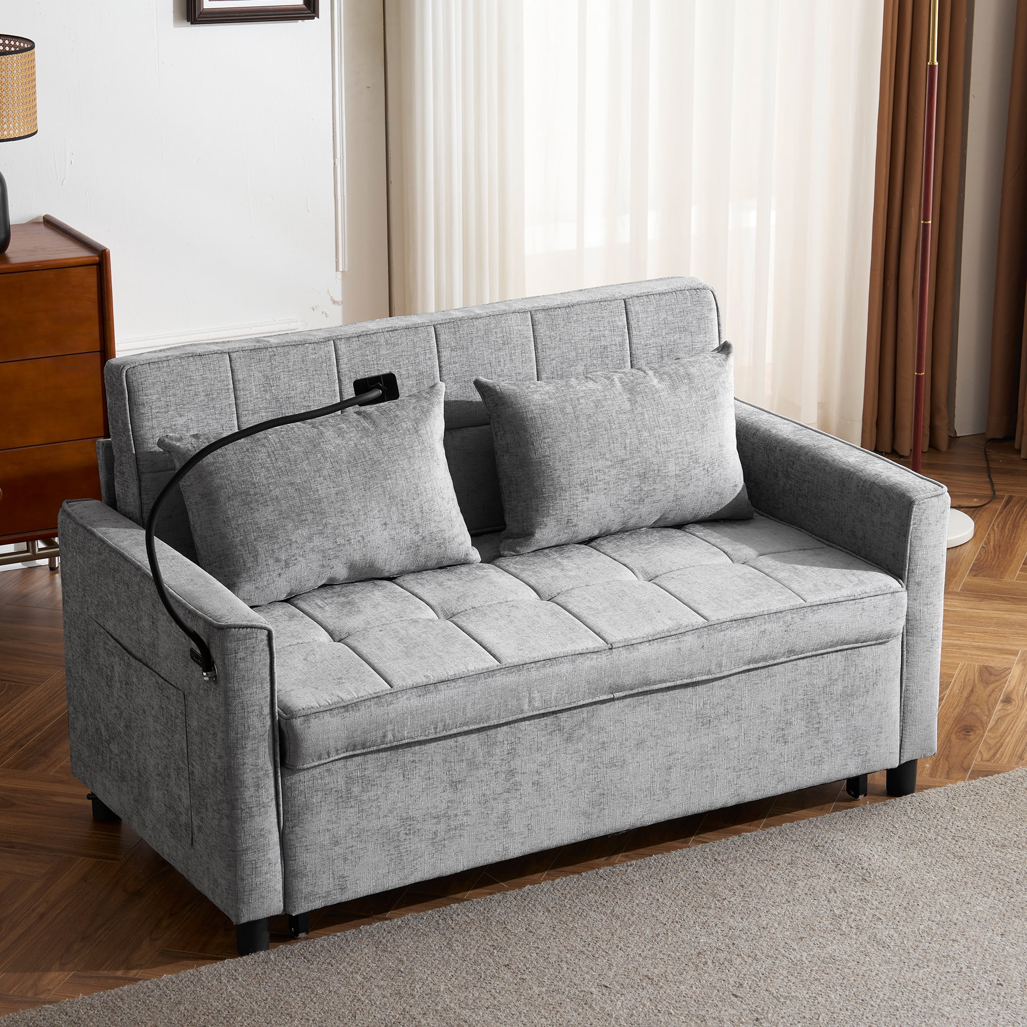 Euroco 56.9" Loveseat Sofa Pull-out Sofa Bed Sleeper Sofa with a Reversible Backrest Cushion, Side Pockets, Two USB Ports and a Phone Holder for Living Room