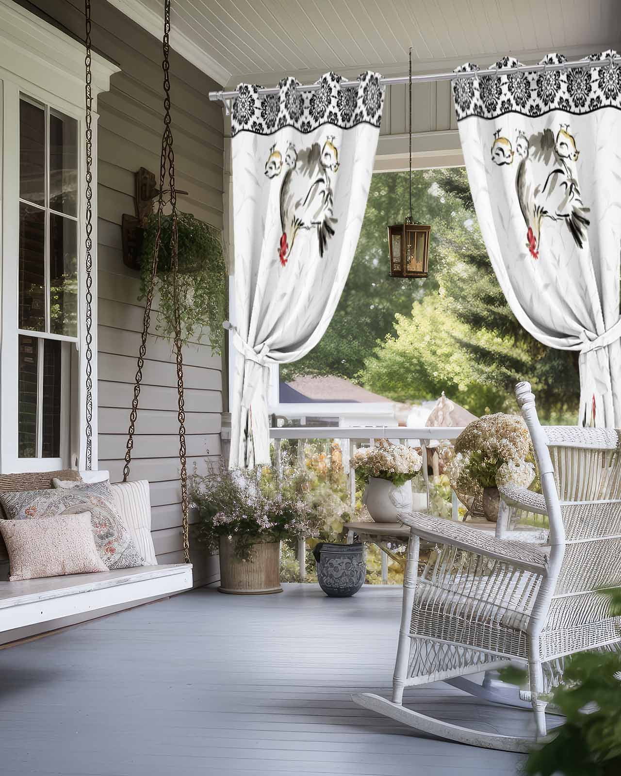 Chicken Outdoor Curtains for Patio, Farmhouse Country Animal Black Flower Leaf Privacy Drapes Grommet Waterproof Outside Curtains for Porch/Cabana/Balcony 54"x 95", 2 Panel