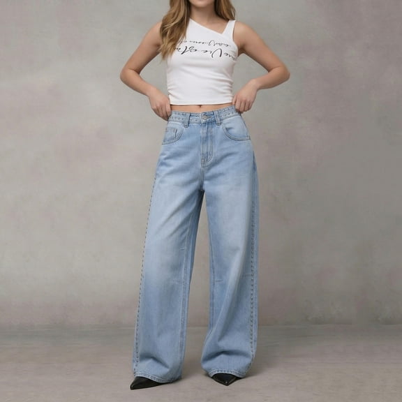 Abomasnow Womens Baggy Jeans High Waist Stretchy Wide Leg Denim Pants Vintage Hip Hop Trousers Streetwear