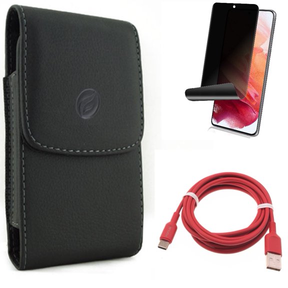 Privacy Screen Protector & Case Belt Clip & 6ft USB-C Cable for Samsung Galaxy S22 (6.1") - TPU Film Fingerprint Works & Leather Holster & Red Charger Cord Accessory Bundle