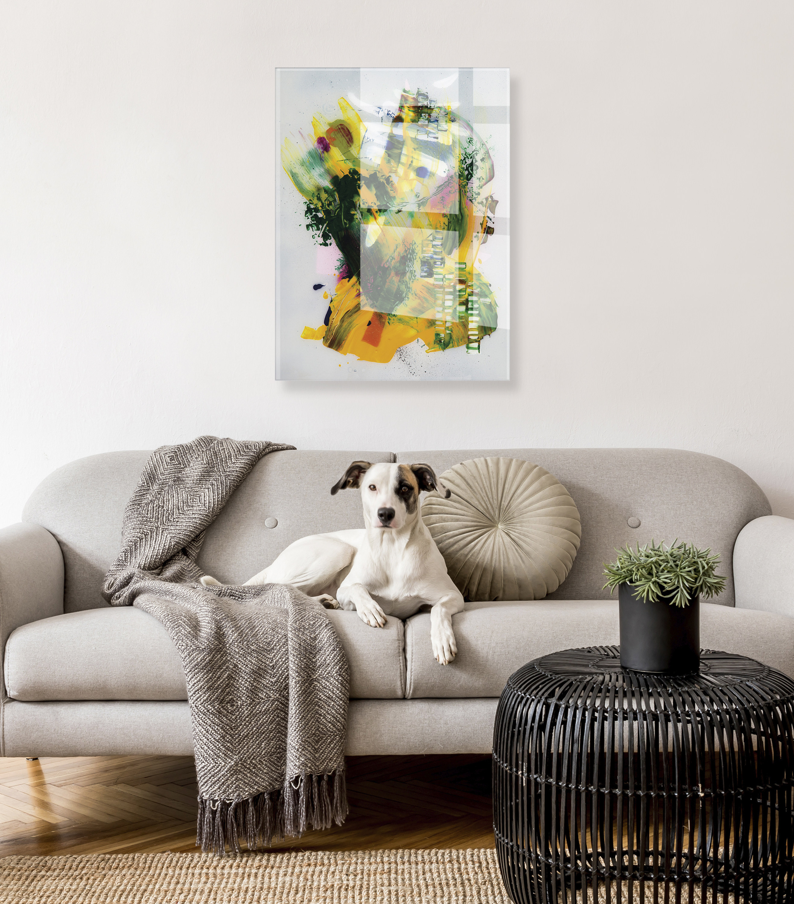 Kate and Laurel Garden of a Split Second Painting Floating Acrylic Art by Grant Mahr, 23x31, Decorative Abstract Art with Natural Color Palette