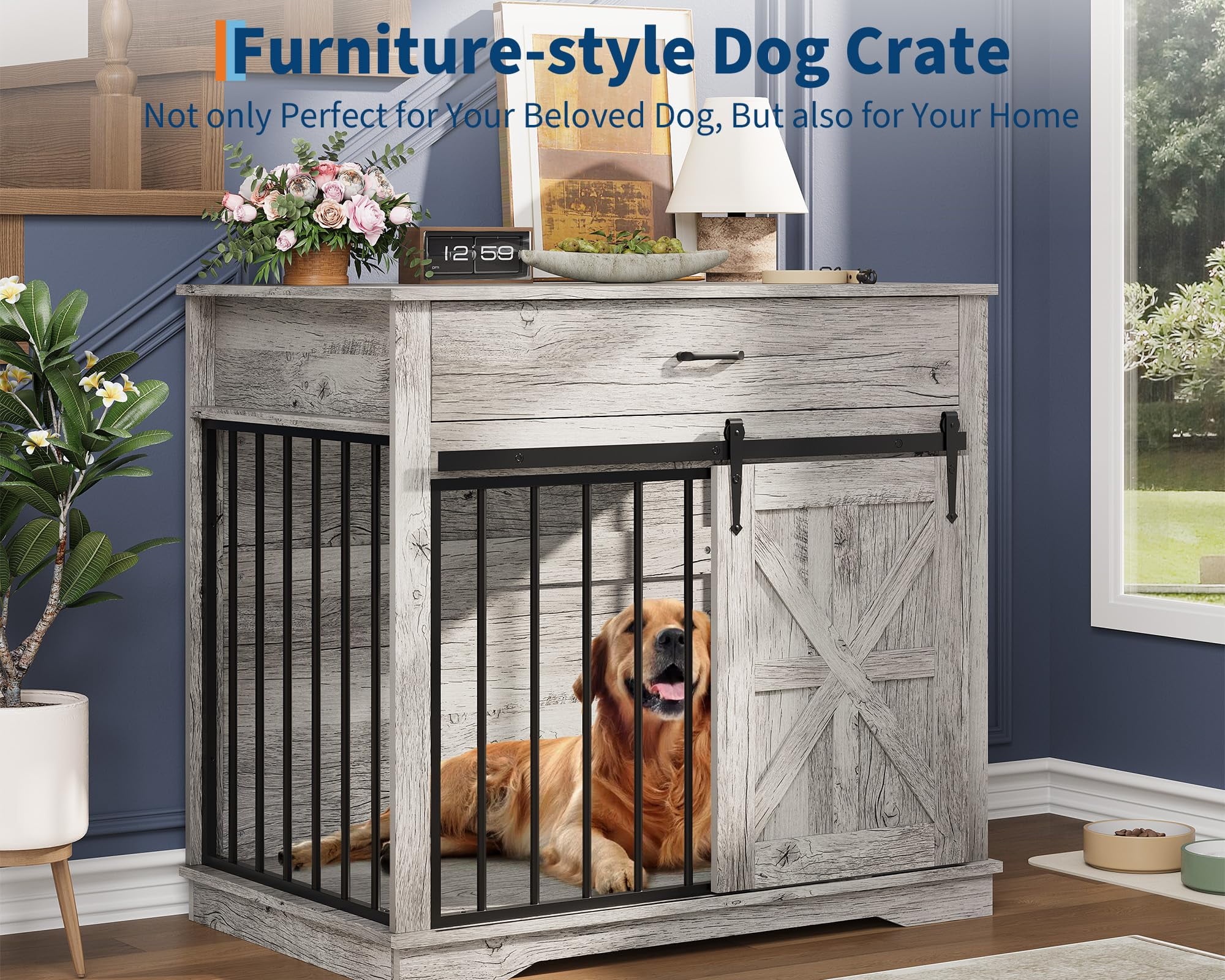 37.8" Wooden Dog Crate Furniture - Indoor Kennel Table & House for Large, Medium & Small Dogs