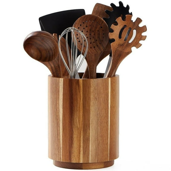 Acacia Wood Utensil Holder for Kitchen Counter, 360° Rotating Cooking Tool Organizer Set