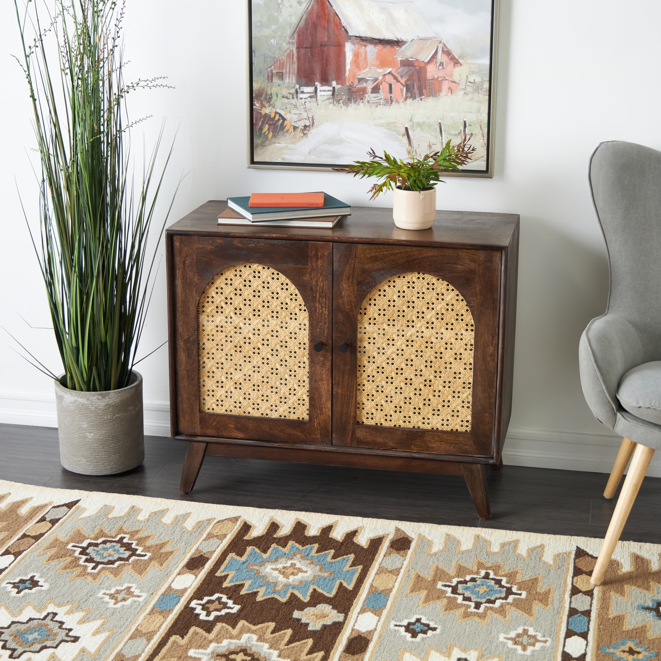 DecMode 35" x 30" Brown Mango Wood Handmade 2 Door Cabinet with Rattan Front and Black Knobs, 1-Piece