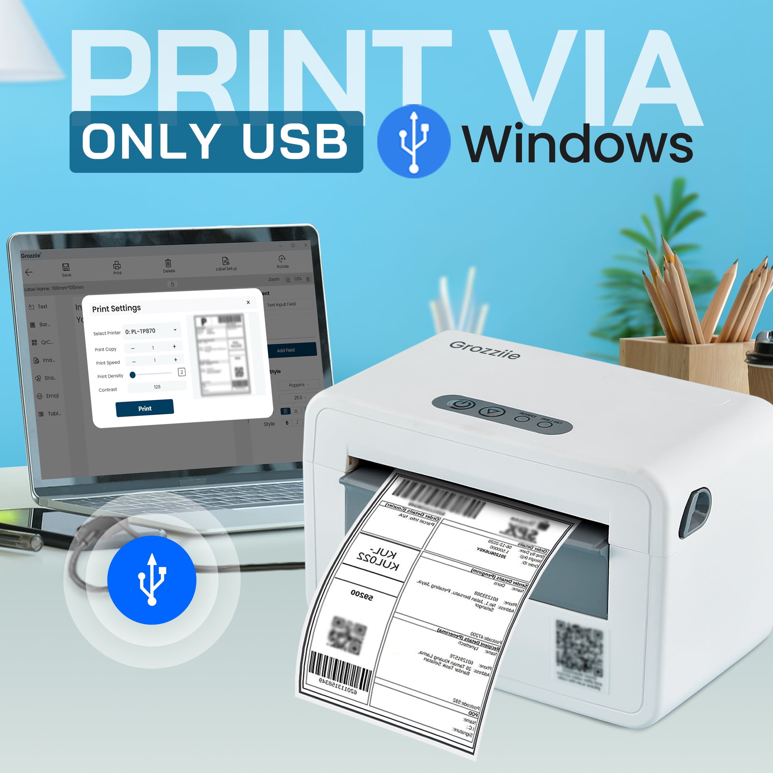 Grozziie Thermal Label Printer | USB Portable 4x6 Thermal Label Printer for Shipping Package, Small Business, Warehouse, Delivery Company - Only Windows Supported