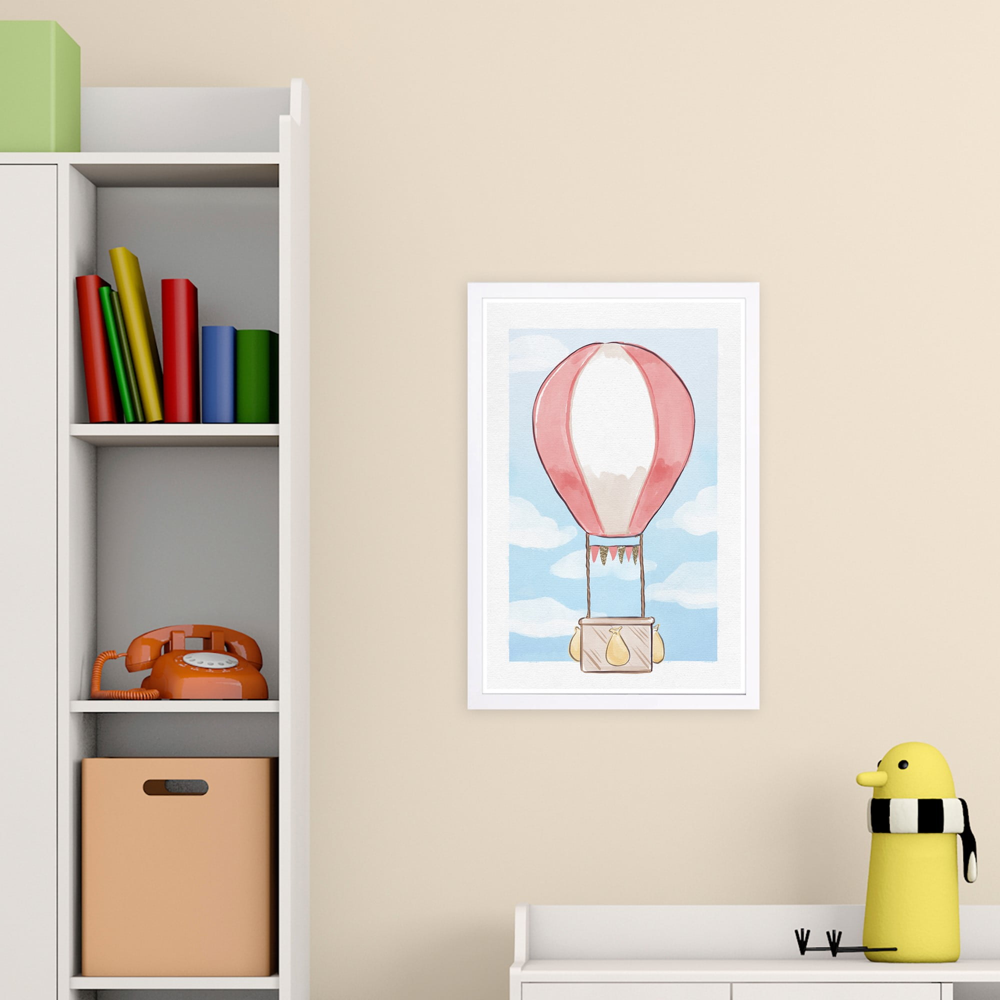 Wynwood Studio 'Cute Hot Air Balloon' Transportation Framed Wall Art Print - Pink, Blue
