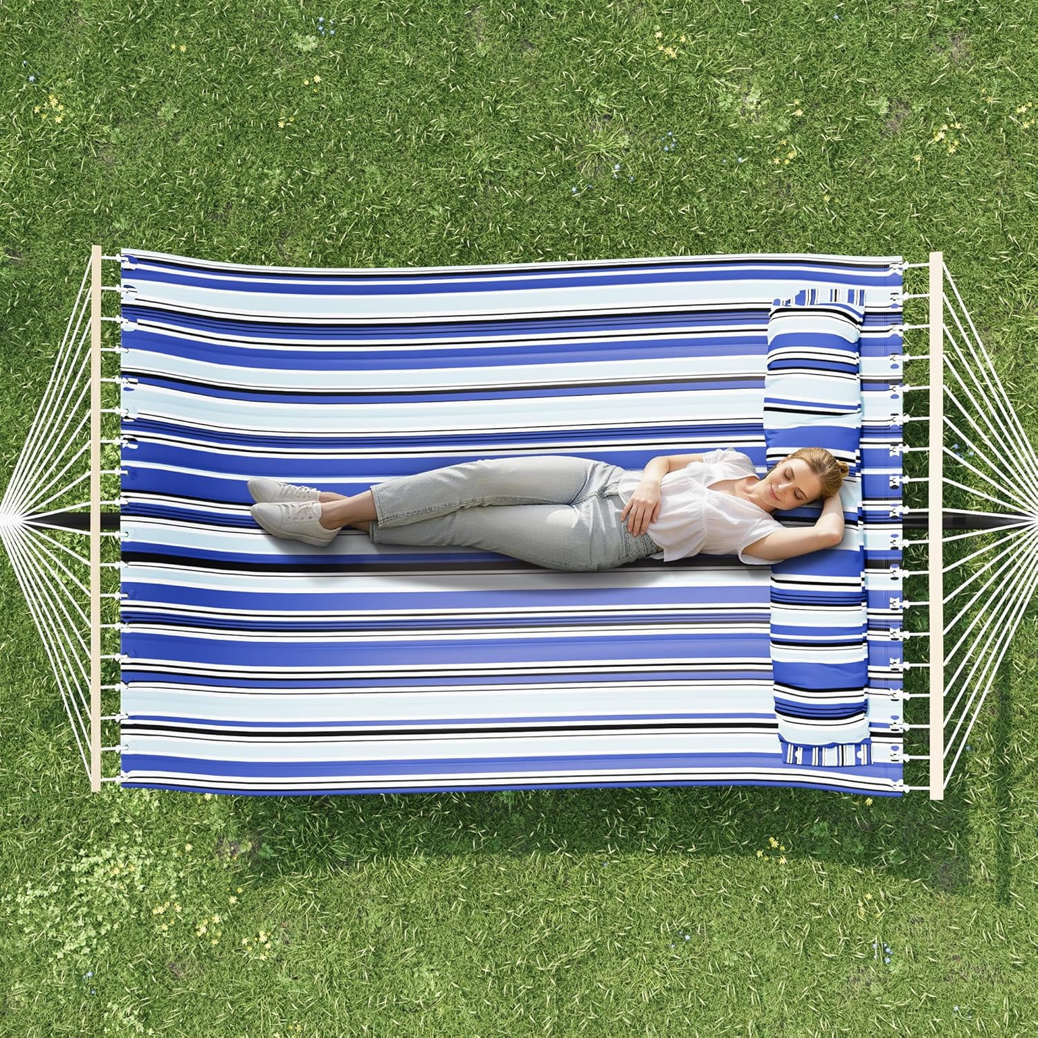 Double Hammock with Stand for 2 Person, Heavy Duty 475lb Capacity Outdoor Freestanding Hammock Bed with Steel Frame, Quilted Pillow & Carry Bag - Easy Assembly, Blue