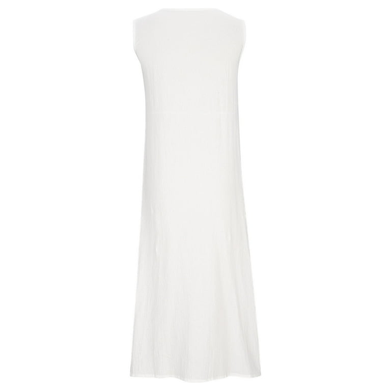 Womens Casual Cotton Linen Tank Dress Buttoned Solid Color Crewneck  Sleeveless Long Dresses for Women White Size S - Walmart.com