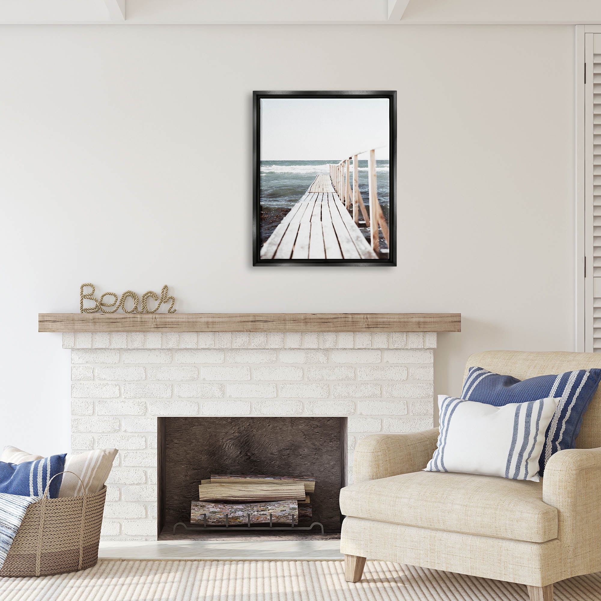 Stupell Industries Ocean Bay Dock Boardwalk Horizon Coastal Photography Black Floater Framed Art Print Wall Art