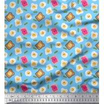 Soimoi Blue Poly Georgette Fabric Omlet & Bread Slice Food Fabric Prints By Yard 52 Inch Wide
