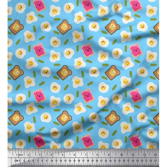 Soimoi Blue Poly Georgette Fabric Omlet & Bread Slice Food Fabric Prints By Yard 52 Inch Wide