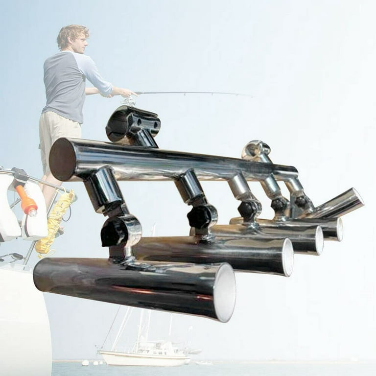 Miumaeov Boat Fishing Rod Holder Stainless Steel 5 Tube Rod Racks 2 inch Clamp On 1''-1-1/4'' Rail for Fishing Mount, Silver