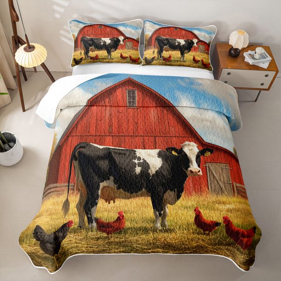 Homewish Farmhouse Rooster Cow Twin Quilt Set, Red Farmhouse Twin Coverlet Set, 2pcs, 1 Comforter and 1 Pillowcase