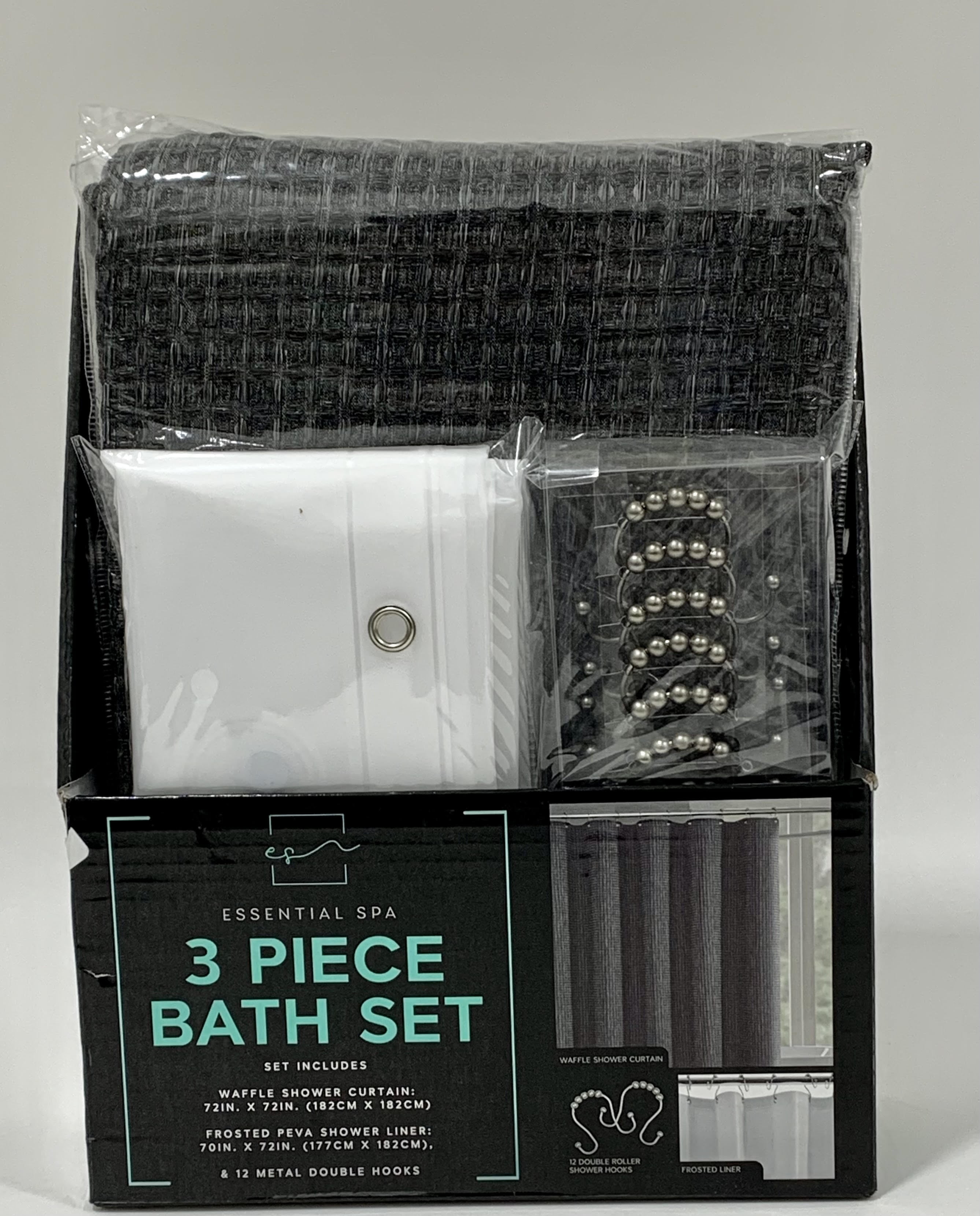 Essential Spa 3 Piece Bath Set Waffle Shower Curtain 12 Hooks, Gray ...