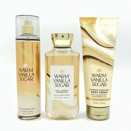 Bath & Body Works Warm Vanilla Sugar 8oz Fine Fragrance Mist Spray, 10oz Shower Gel and 8oz Body Cream 3-Piece Bundle
