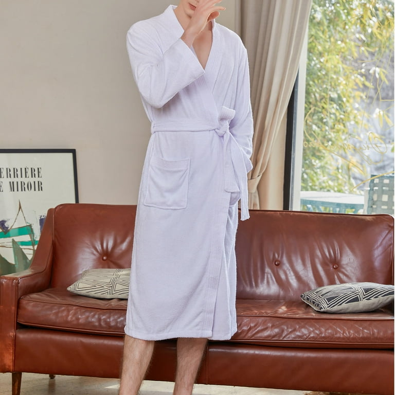 YanHoo Men s Cotton Robe Mid Length Terry Bathrobe Cozy Cotton
